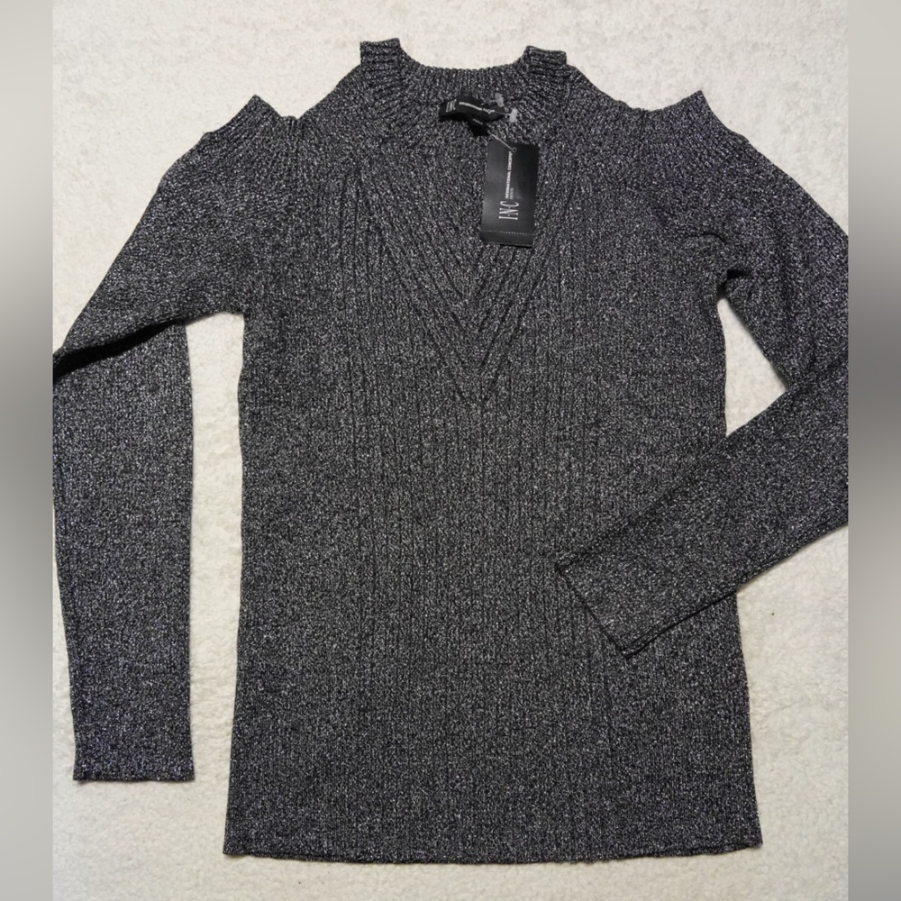 INC International Concepts Black Metallic Cold-Shoulder Knit Sweater